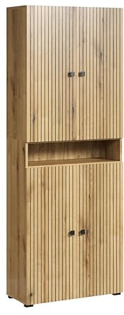 trendteam smart living - PureBliss - Hochschrank breit - Evoke Eiche - Rillenoptik - 1 offenes Fach + 4 Einlegebödenk - (BxHxT) 70 x 186 x 31cm - Badschrank mit edlen Metallgriffen