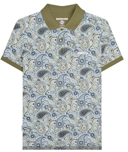 Lambretta Mens Paisley Brand Three Button Polo Shirt - Khaki/Navy - 3XL