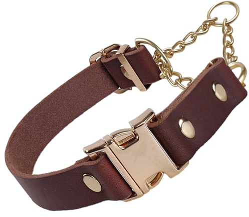 Genuine Leather Half Check Dog Collar, Adjustable Training Collar for Small Medium Large Dogs, No-Pull Limited Slip Choker for Walking Training(Brown,M)