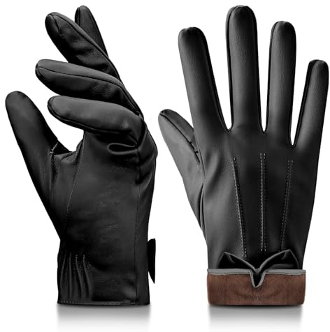 ZUIMEIHQH Black Leather Gloves Women, Warm Touch Screen Ladies Leather Gloves, Fleece Lining PU Winter Glove Women for Driving Riding Cycling (Black)