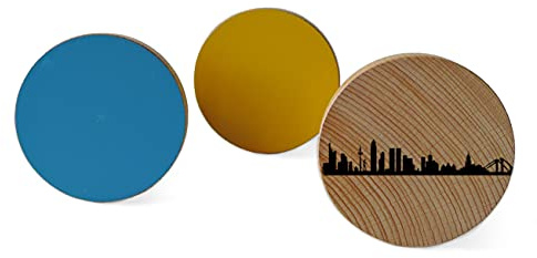 44spaces Design-Wandhaken Motiv Frankfurt Runde City Dots Natur Individuelle Wand-Garderrobe aus Holz Buche Bedruckt Lackiert 3er Set