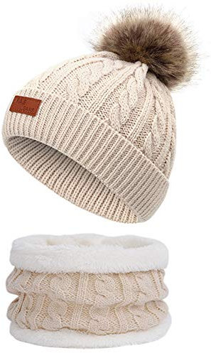 Martin Kench Kinder Winter Beanie Hut Schal Set - Unisex Strick Bommelmütze Wolle Loop für Mädchen Baby (Beige)