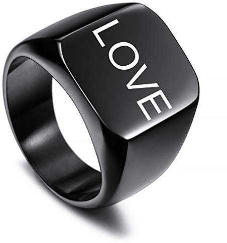 VIBOOS Benutzerdefinierte gravierte Initiale Monogram Signet Ring für Männer Frauen Jungen Herren Ringe Edelstahl, Bündel mit Ringgrößeneinstellern (Schwarze Farbe)