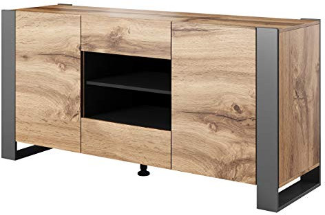 Mirjan24 Kommode Weelo mit 2 Türen und 2 Schubladen, Anrichte, Highboard, Mehrzweckschrank, Diele & Flur, Sideboard, Wohnzimmerschrank, Wohnzimmer Set (Wotan/Anthrazit)