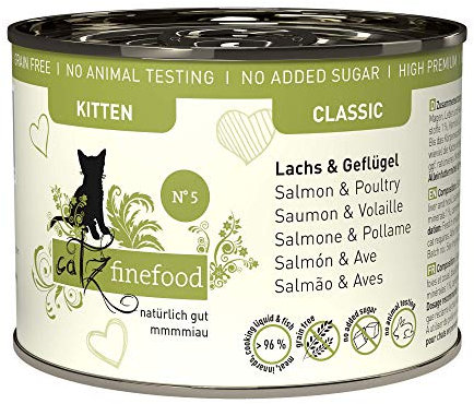 catz finefood Kitten N 5 Lachs und Geflügel Katzenfutter nass - Feinkost Kitten Nassfutter für junge Katzen ohne Getreide und Zucker mit hohem Fleischanteil, 6 x 200g Dosen