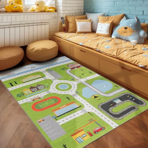 SIMPEX KinderTeppich, Straßenteppich, Teppich Grün, 80 x 120 cm, Teppich für Kinder, Teppich Kinderzimmer