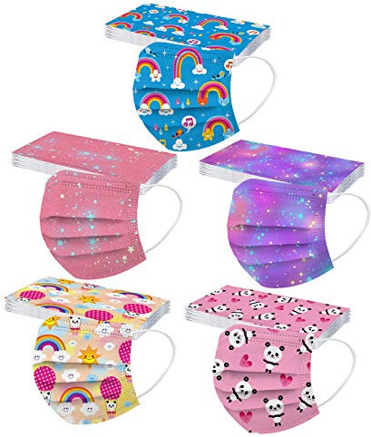 DeaAmyGline 50 Stück Mundschutz Kinder Regenbogen Einweg mit Motiv 3-lagig Atmungsaktiv Mund und Nasenschutz Bunt Cartoon Muster Einmal Mund-Tuch Bandana Halstuch Schals für Mädchen Jungen