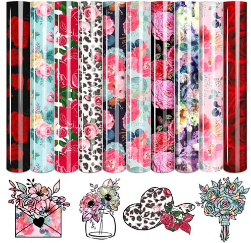 Tintnut Flower Printable Iron on Vinyl - 10 Sheets 12 x 10 Rose Patterned HTV Vinyl Red HTV Iron On Vinyl for Clothes, Heat Transfer Vinyl