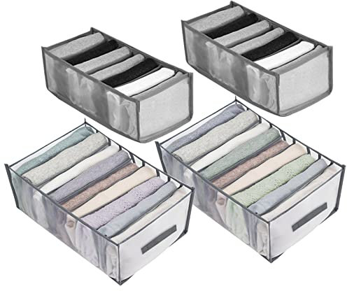 Lot de 4 boîtes de rangement, pliables, en maille, organisateur de garde-robe, pour jean, pantalons, chemises, soutiens-gorge et cravates, grises, comprenant chacune 7, 7, 9 et 9 compartiments