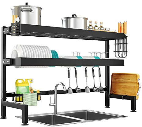 NETEL Égouttoir à Vaisselle au-Dessus de l'évier à 3 Niveaux Antirouille avec Porte-ustensiles et Support pour Planche à découper pour Rangement et Organisation de Cuisine Nior Longueur 105cm