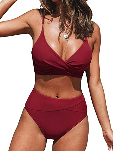 CUPSHE Women's Twist Front High Waisted Bikini Set V Neck Padded Two Pieces Bathing Suits Swimsuits Wine Red S