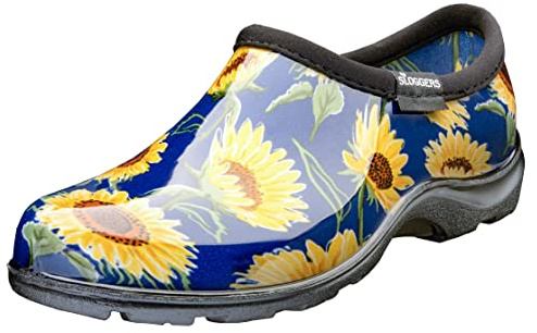 Sloggers Original Waterproof Rain and Garden Shoe for Women– Outdoor Slip-On Garden Clog - Made in The USA with Premium Comfort Insole and Arch Support - Sunflower Print Blue, Size 6