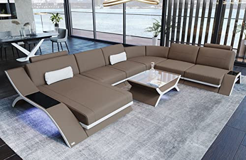 XXL Wohnlandschaft Calabria - mit LED Beleuchtung, verstellbare Kopfstützen, Recamiere/Mikrofaser/Ausrichtung wählbar (Ottomane Links, Weiss-Taupe)