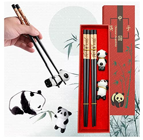 Voyyphixa 2 Paia di Bacchette di Legno, Bacchette Cinesi Bacchette Riutilizzabili 2 paia con 2 panda in ceramica Supporto Set con Confezione Regalo Bacchette Sushi Set Regalo (Nero)