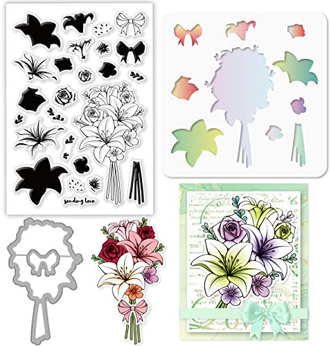 GLOBLELAND 3 Piezas de Ramo de Lirios en Capas con Tema de Silicona Transparente Sellos de Corte de Metal Troquelado Plantillas de Manualidades para Mascotas para