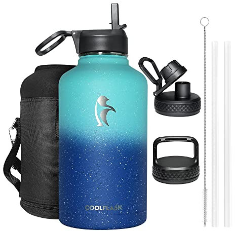 Coolflask - Borraccia termica da 1,9 litri, con cannuccia e 3 coperchi, grande caraffa termica in acciaio inox, per palestra, sport, mantiene il freddo fino a 48 ore e caldo per 24 ore, colore: blu