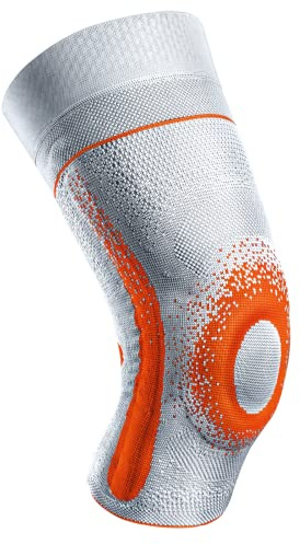 SPORLASTIC GENU-HiT SUPREME + COMFORT Kniebandage, Platinum/Orange, Gr. 3+ | Für rechts & links, Patellaring, Silikonnoppenhaftrand, Seitenstabilisatoren, extraweite Version, Meniskus, ergonomisch