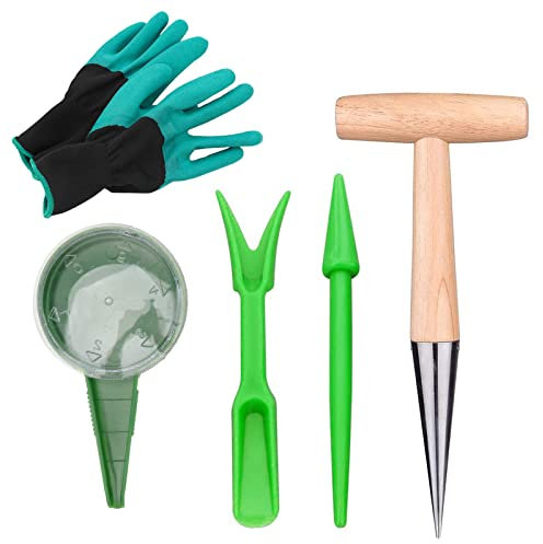 Pflanzholz, Garten Zwiebelpflanzer, 5-Teiliges Pikierstab Set mit Pikierholz, Sämaschine Pflanzgefäß und Handschuhe, Pflanzholz Garten Pflanzer Werkzeug