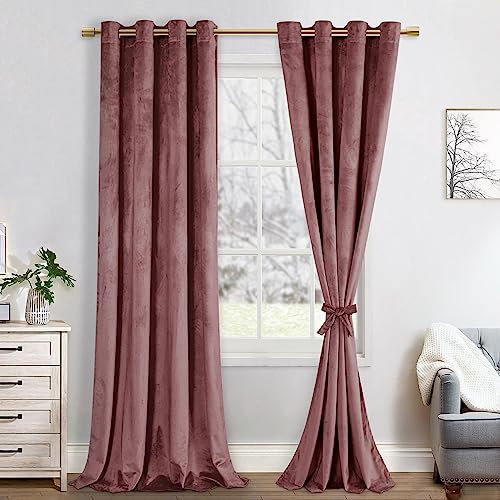 JIUZHEN Verdunklungsvorhang aus Samt,2er Set weiche blickdichte Gardinen mit Ösen für Schlafzimmer,140x245cm (Breite x Höhe),Rose