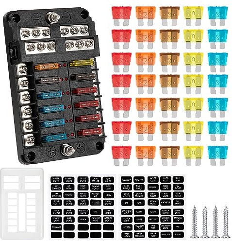 GUNGY Blocs de Fusibles 12 Voies Porte Fusible 12V Boîte à Fusibles à Lame avec Indicateur LED et 30 Fusibles pour Voiture Bateau Camion Camping-car