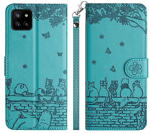 Aisenth Handyhülle für Samsung Galaxy A22 5G Klapphülle mit Kartenfächer | Katze mit Schmetterling Design,Standfunktion,Kartenfächer,PU Leder,3 Kartenfächer+Geldfach,Stoßfeste,Magnetische,Blau Grün