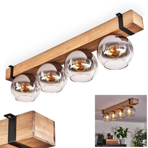 Deckenleuchte Montgomery, Deckenlampe aus Metall/Holz/Glas in Schwarz/Natur/Chromfarben/Klar, skandinavisches Design mit Holzbalken (80 cm) u. Glaskugeln (Ø 15 cm), 4 x E27-Fassung, ohne Leuchtmittel