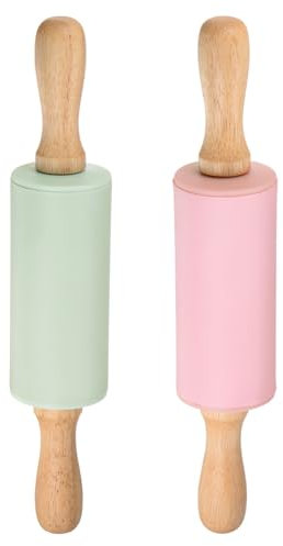 sourcing map Silicone Rolling Pins for Baking 9 Inch Wooden Handle Non Stick Rolling Pin Small Roller Playdough Rolling Pins for Dough Pizza Pastry Fondant Kitchen, Light Green & Pink