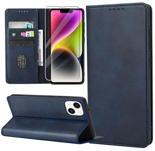 ZYIMOU Handyhülle für iPhone 14 Hülle mit Schutzfolie, Leder Schutzhülle Standfunktion Kartenfach Wallet Klapphülle iPhone 14 Flip Case Cover, Blau