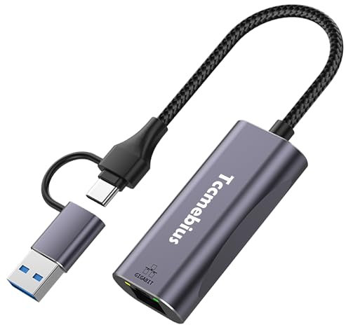 Tccmebius Adaptador Ethernet USB, 2-en-1 USB C/USB 3.0 a RJ45 1000Mbps Gigabit Ethernet LAN Adaptador de Red, para MacBook Pro/Air iPad Pro iPhone15/15Pro Surface Pro Notebook PC (TCC-S30B)