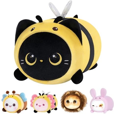 Mewaii Schwarze Katze Biene Plüschkissen 40CM Weiches Kawaii Kuscheltier für Kinder,Niedliches Katze Plüschtier,Perfektes Kuschelkissen und Geschenk
