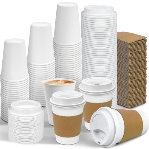 Ginkgo 100 Pack 12 oz Leak-Proof Coffee Cups with Lids and Sleeves