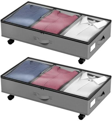 MOXTOYU 2 Pack Underbed Storage, Under Bed Storage on Wheels & Transparent lid, Moisture-Proof, Dustproof, Under Bed Storage Bag with Zip, Under-Bed Storage for Clothes, Blankets, Shoes, Toys, Grey