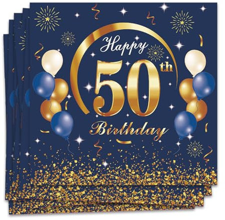 MORAINJAY 50 Geburtstag Papierserviette,20 Stück Blau mit Gold Geburtstagsservietten für Mann Frau 50 Geburtstag Party,16.5cm Quadrat Servietten für 50. Party Deko