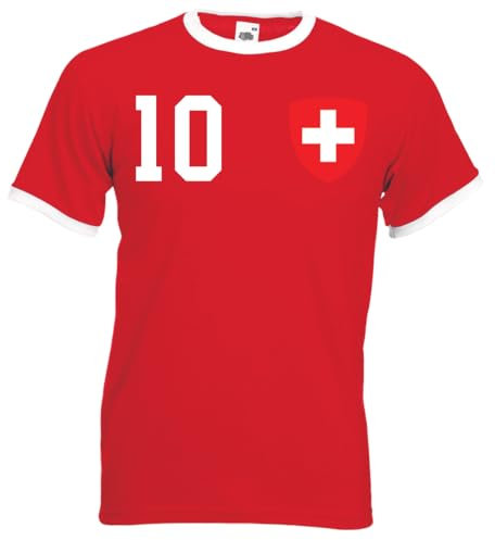 Herren T-Shirt Trikot Schweiz Personalisiert mit eigenem Namen + Nummer - Rot XL