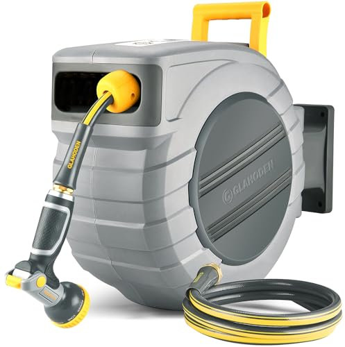 GLAHODEN Retractable Garden Hose Reel 5/8 in x 65 ft, 2025 Upgraded Dual Ratchet Lock UV & Freeze Protection Brass Seal Slow Retraction Anti-Tangle Hose 180°Swivel Reinforced Scaffold Wall Mount