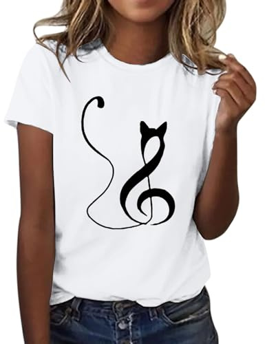 HOOUDO Damen-T-Shirt mit Katzenmotiv, kurzärmelig, Rundhalsausschnitt, modisches Oberteil, leicht, weich, lässig, Sommer-Outfit-Kleidung Unterhemden Damen Kurzarm