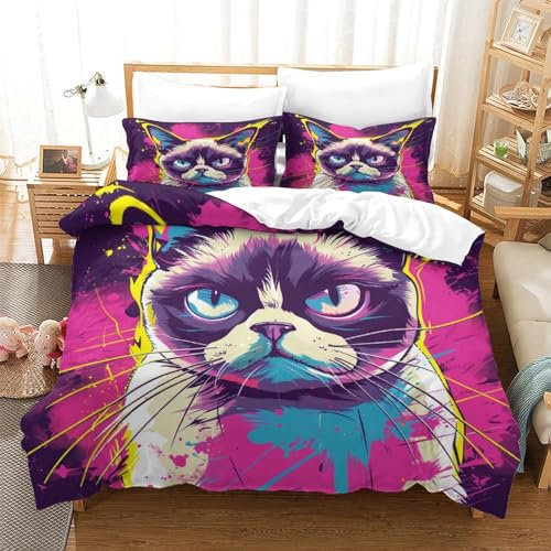 NACHOMACHO Grumpy Cat Bettbezug-Set Mit 3D-Druck, Bettwäsche-Sets Mit Reißverschluss Weicher Bettbezug Aus Mikrofaser, 3 Teilig, Mit Kissenbezügen Für Kinder Und Erwachsene Super King(260x220cm)