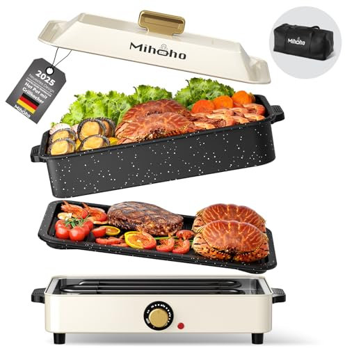 Abilità elettrica per barbecue e hotpot con borsa per il trasporto, padella multifunzione 3 in 1, fornello lento, contenitore antiaderente con coperchio, fornello regolabile (bianco)