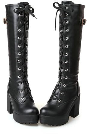 ZZQCCHL Botas Altas hasta la Rodilla con Plataforma para Mujer Botas Altas ecuestres con Cordones Botas Militares de tacón Medio bajo