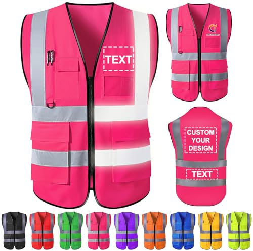Gridachi Personalisierte Warnweste mit Logo – Reflektierende Sicherheitsweste mit Reißverschluss & Taschen – Hochsichtbare Arbeitsweste für Herren & Damen – Bedruckbar