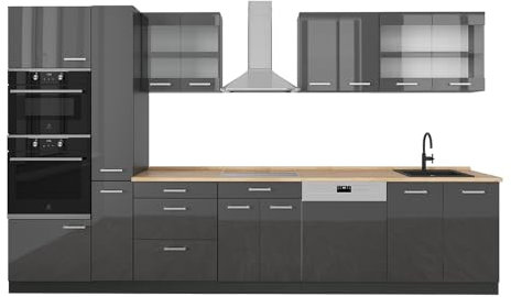 Vicco Küchenzeile R-Line, Anthrazit Hochglanz/Anthrazit, 350 cm ohne Arbeitsplatte