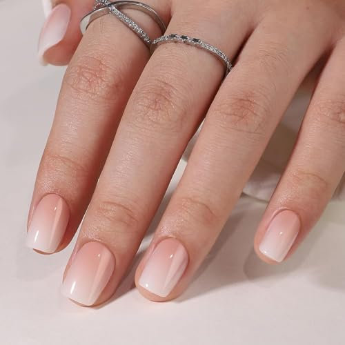 Ombre Press On Nails Short - Findigit False Nails with Glue, Square Soft Gel Fake Nail in 16 Sizes, Natural Reusable Stick on Nails for Women - 32 Nail Kits Cream Ombre