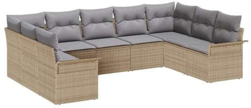 vidaXL 9-teiliges Outdoor-Sofaset mit Kissen, modulares Design, beige Poly-Rattan, wetterfest, Stabiler Rahmen, Gartenmöbel für Terrasse und Balkon, verstellbare Couch