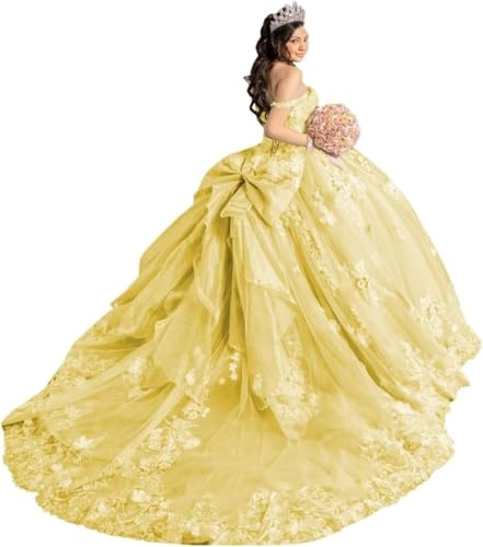 Yifanier Vestidos de quinceañera con Tirantes Finos y Lazo Tul Brillante Flores 3D y Vestidos de Fiesta de quinceañera. MT040