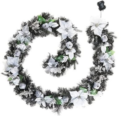 Pre-Lit Decorated Black Garland – 9 ft, White and Silver Poinsettias, 40 White LED Lights, Battery Powered