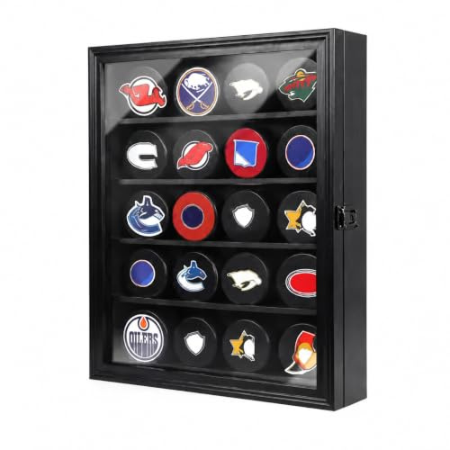 Odjaraye 20 Hockey Puck Vitrine Puck Shadow Box Groß Schwarz | Wandschrank, V-schützendes Acryl, großes Fassungsvermögen, abschließbar, für Hockey-Memorabilia-Sammlung