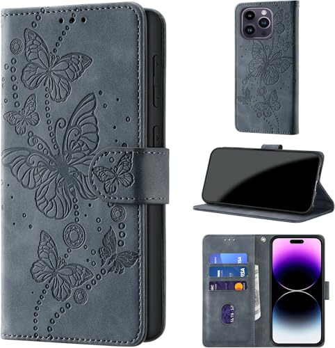 for iPhone 14 Pro Max Wallet Case Flip, Gray Purple | RFID Blocking, 3 Card Holder Stand, Shockproof TPU Shell, PU Leather Magnetic Closure