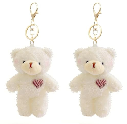 CHUANFU 2 Pièces Porte Clef Peluche Ours, Peluche Accessoire de Pendentif avec Porte-Clés, Charme de Sac Animal Mignon Keychain, pour Sac à Dos, Jouet (Blanc)