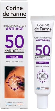Corine de Farme Fluide Solaire Anti-Âge SPF50 40ml | Haute Protection UVA/UVB - Acide Hyaluronique - Action Anti-Rides & Fermeté - Texture Non Grasse Invisible