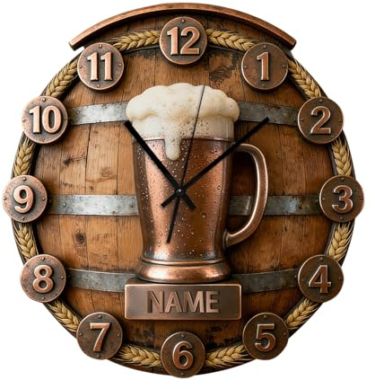 ASD Jewerly Personalisierte Bier Tasse Glas Thema Uhr Geschenk Männer, 2D Flachdruck benutzerdefinierter Name Bier Glas Wanduhr Home Dekoration Schlafzimmer Dekor